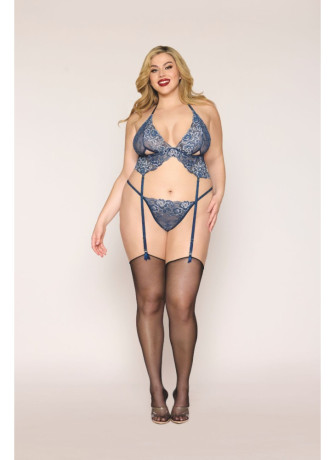 Soutien porte jarretelles grande taille et string en dentelle florale bleue - DG13522XBLU